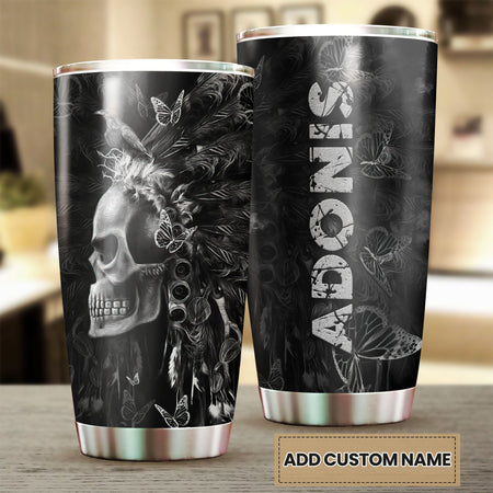 Camellia Personalized 3D Native American Gothic Skull Stainless Steel Tumbler - Customized Double-Walled Insulation Travel Thermal Cup With Lid