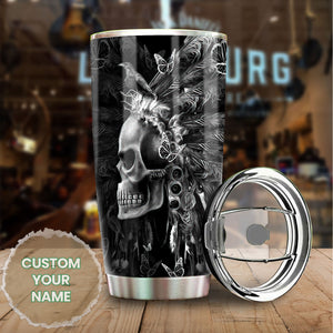 Camellia Personalized 3D Native American Gothic Skull Stainless Steel Tumbler - Customized Double-Walled Insulation Travel Thermal Cup With Lid