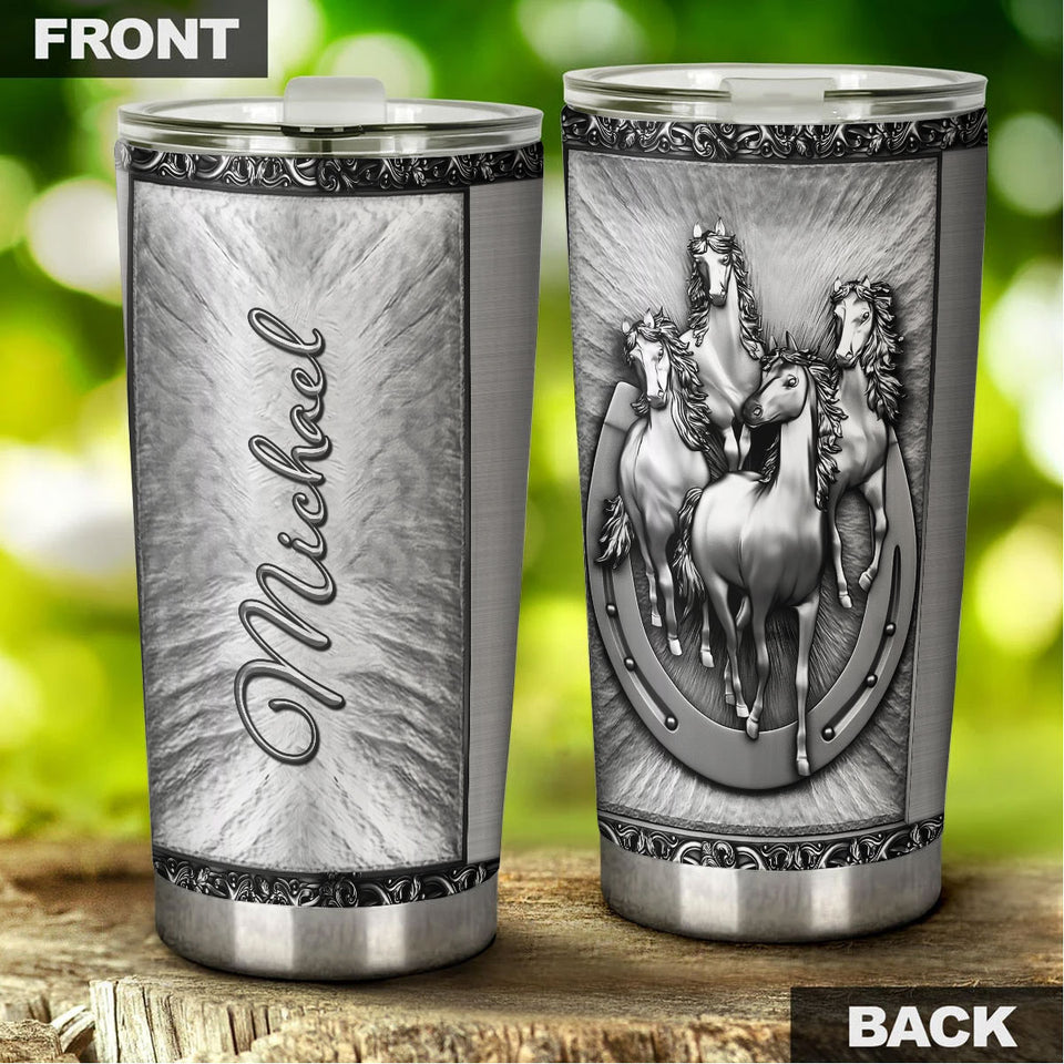 Camellia Personalized Horse Silver Style Stainless Steel Tumbler - Double-Walled Insulation Vacumm Flask - Gift For Horse Lovers, Cowgirls, Cowboys, Perfect Christmas, Thanksgiving Gift 02