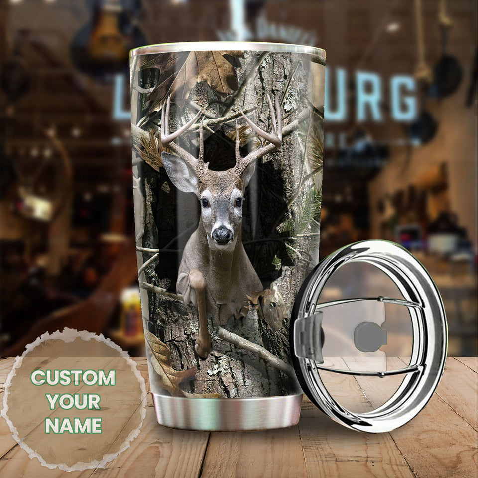 Camellia Persionalized 3D Deer Stainless Steel Tumbler - Customized Double - Walled Insulation Travel Thermal Cup With Lid