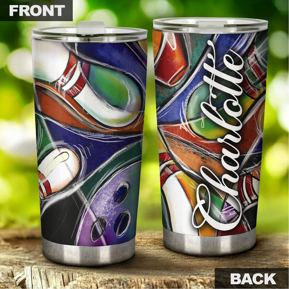 Camellia Personalized Bowling Painting Stainless Steel Tumbler - Double-Walled Insulation Vacumm Flask - Gift For Bowling Lovers, National Bowling Day 8th August