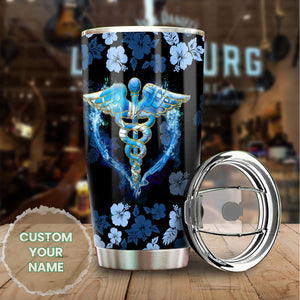 Camellia Personalized Blue Flower Nurse Symbol Stainless Steel Tumbler - Double-Walled Insulation Vacumm Flask - For Nurse Gift, International Nurse's Day