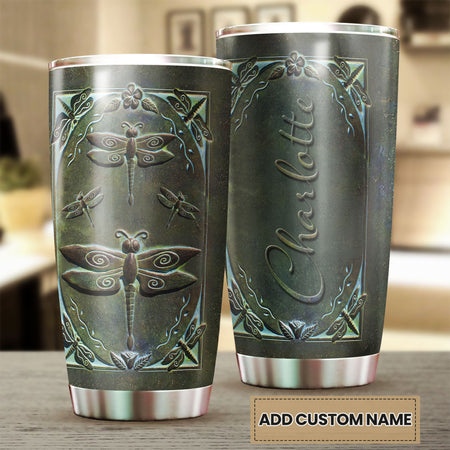 Camellia Personalized Dark Dragonfly Stainless Steel Tumbler - Customized Double-Walled Insulation Travel Thermal Cup With Lid Gift For Dragonfly Lover