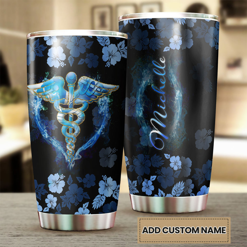 Camellia Personalized Blue Flower Nurse Symbol Stainless Steel Tumbler - Double-Walled Insulation Vacumm Flask - For Nurse Gift, International Nurse's Day