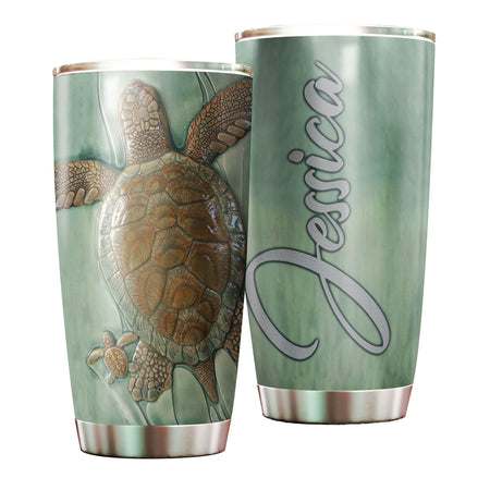 Camellia Personalized Turtle Mom And Baby Ceramic Style Stainless Steel Tumbler- Wall Insulated Cup With Lid Travel Mug