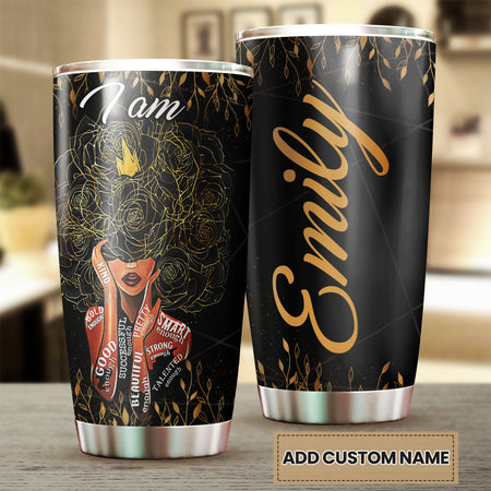 Camellia Personalized Black Women Stainless Steel Tumbler - Double-Walled Insulation Vacumm Flask - Gift For Black Queen, International Women's Day, Hippie Girls 16
