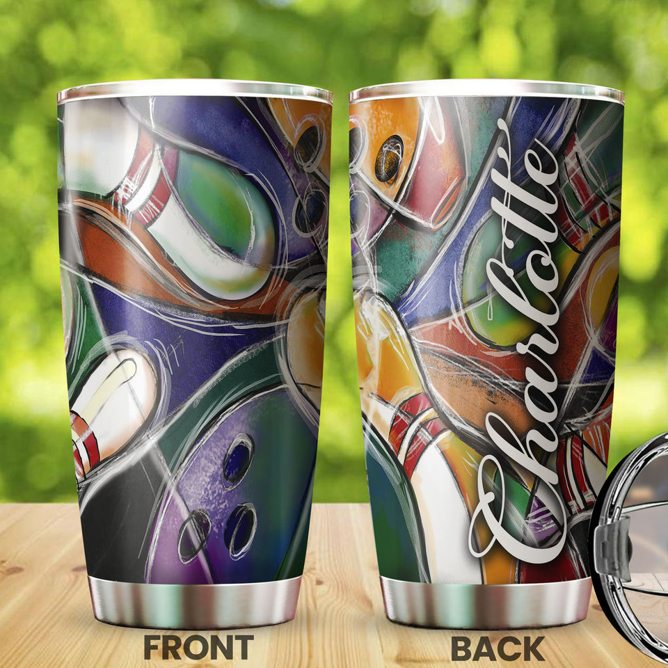 Camellia Personalized Bowling Painting Stainless Steel Tumbler - Double-Walled Insulation Vacumm Flask - Gift For Bowling Lovers, National Bowling Day 8th August