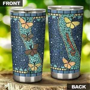 Camellia Personalized Butterfly Mosaic Art Stainless Steel Tumbler - Double-Walled Insulation Vacumm Flask - For Thanksgiving, Memorial Day, Christians, Christmas Gift