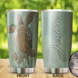 Camellia Personalized Turtle Mom And Baby Ceramic Style Stainless Steel Tumbler- Wall Insulated Cup With Lid Travel Mug