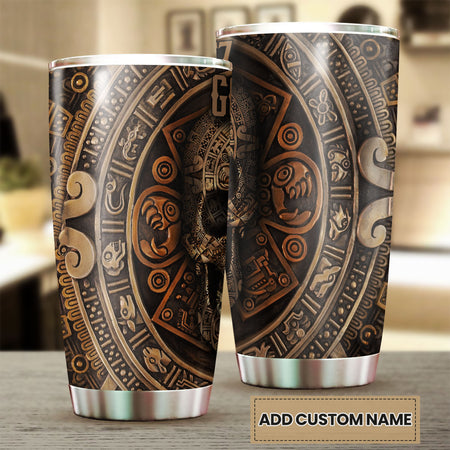 Camellia Personalized Aztec Skull Brone Style Stainless Steel Tumbler - Double-Walled Insulation Vacumm Flask - Gift For Halloween, Spooky Season