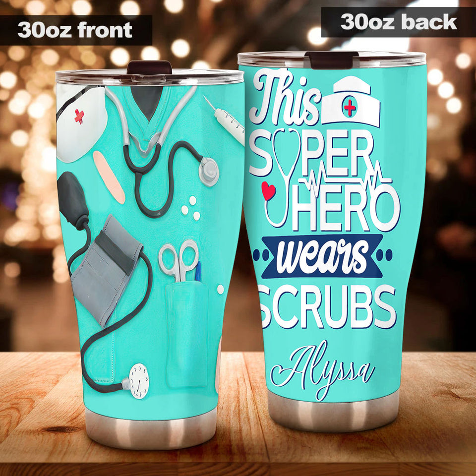 Camellia Personalized Nurse This Per Hero Wears Scrubs Stainless Steel Tumbler - Double-Walled Insulation Vacumm Flask - Gift For Nurse, Christmas Gift, International Nurses Day