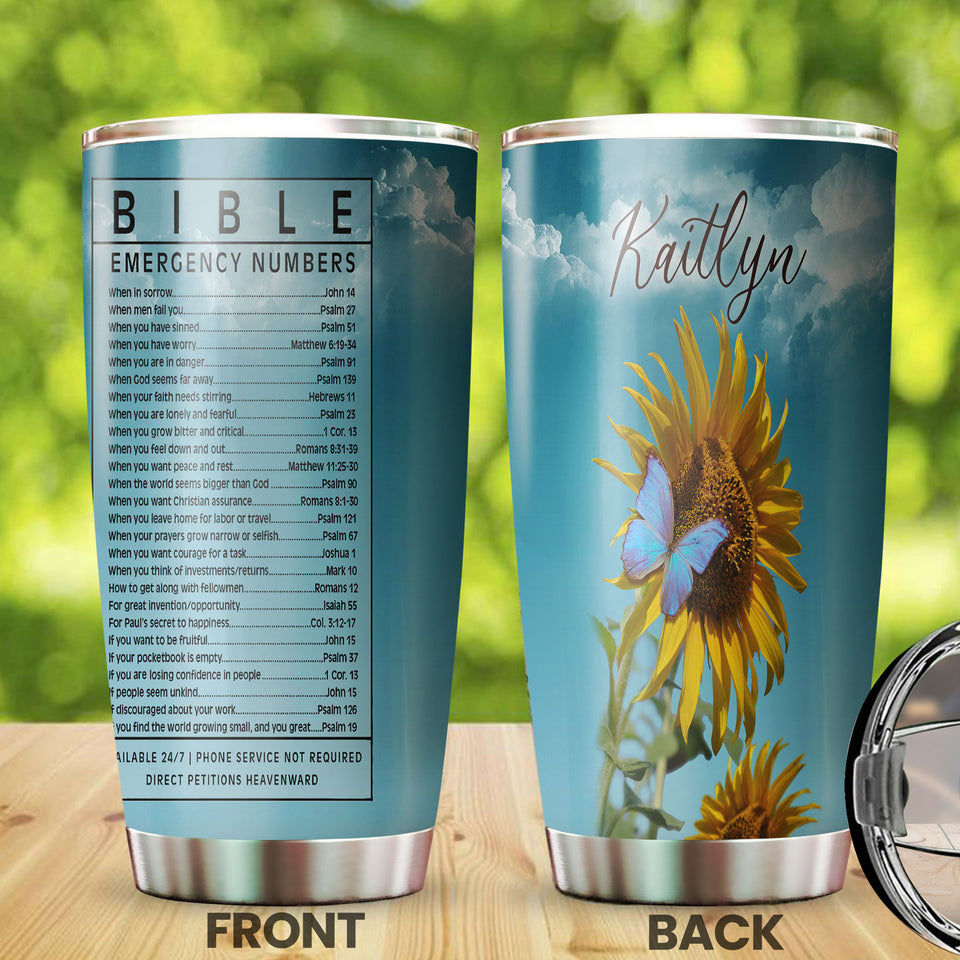 Camellia Personalized Sunflower Bible Emergency Numbers Stainless Steel Tumbler - Customized Double-Walled Insulation Travel Thermal Cup With Lid