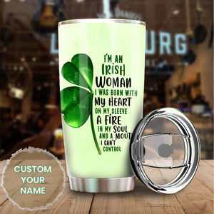Camellia Persionalized Irish Woman I Was Born With My Heart Oh My Sleeve A Fire In My Soul And A Mouth I Cant ControlStainless Steel Tumbler - Customized Double - Walled Insulation Travel Thermal Cup With Lid