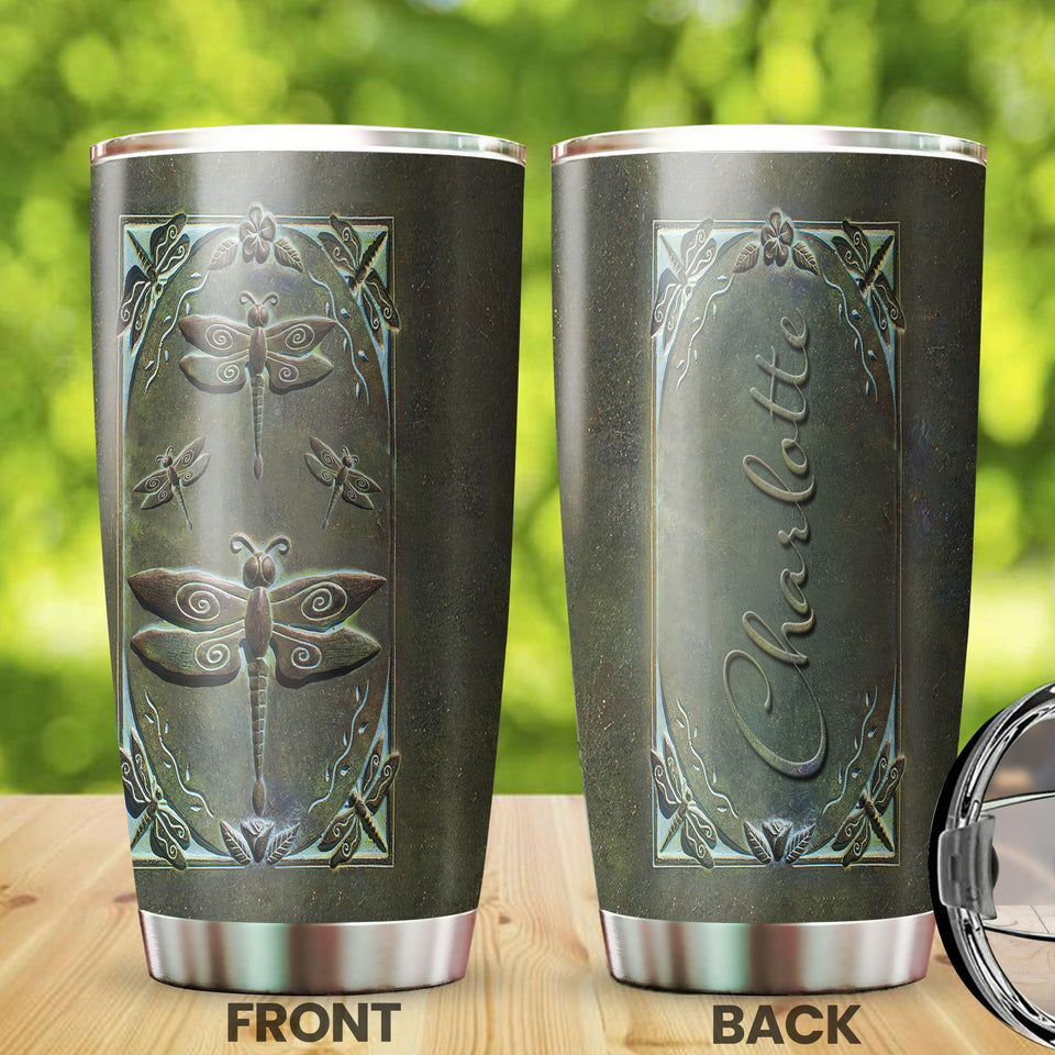 Camellia Personalized Dark Dragonfly Stainless Steel Tumbler - Customized Double-Walled Insulation Travel Thermal Cup With Lid Gift For Dragonfly Lover
