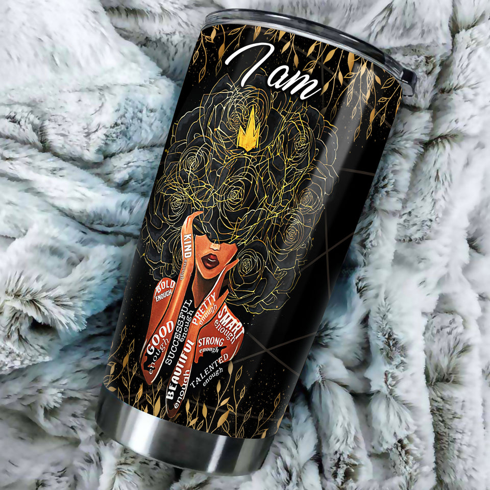 Camellia Personalized Black Women Stainless Steel Tumbler - Double-Walled Insulation Vacumm Flask - Gift For Black Queen, International Women's Day, Hippie Girls 16