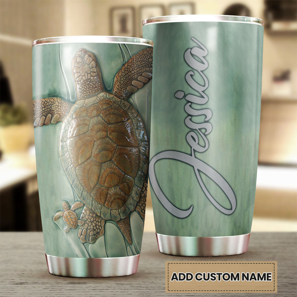 Camellia Personalized Turtle Mom And Baby Ceramic Style Stainless Steel Tumbler- Wall Insulated Cup With Lid Travel Mug