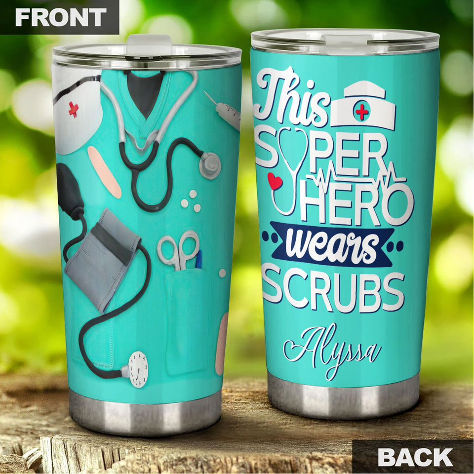 Camellia Personalized Nurse This Per Hero Wears Scrubs Stainless Steel Tumbler - Double-Walled Insulation Vacumm Flask - Gift For Nurse, Christmas Gift, International Nurses Day