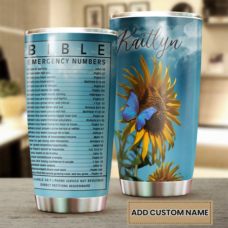 Camellia Personalized Sunflower Bible Emergency Numbers Stainless Steel Tumbler - Customized Double-Walled Insulation Travel Thermal Cup With Lid