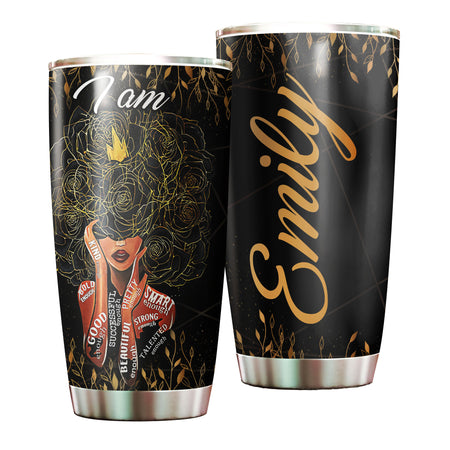 Camellia Personalized Black Women Stainless Steel Tumbler - Double-Walled Insulation Vacumm Flask - Gift For Black Queen, International Women's Day, Hippie Girls 16
