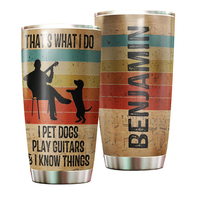 Camellia Personalized 3D Vintage Man Pets Dogs Play Guitar And Know Things Stainless Steel Tumbler - Customized Double-Walled Insulation Thermal Cup With Lid Gift For Guitarist