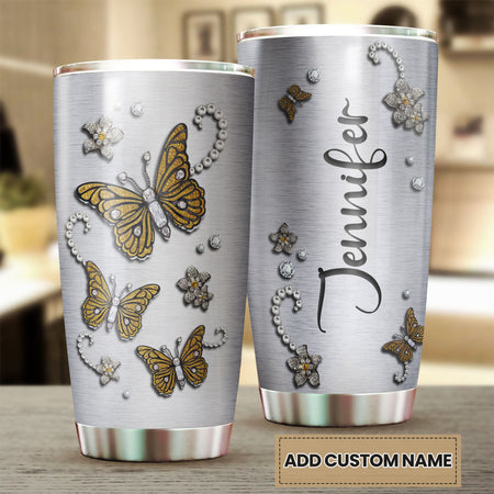 Camellia Personalized Butterfly Jewelry Metal Style Yellow Stainless Steel Tumbler - Double-Walled Insulation Vacumm Flask - For Thanksgiving, Memorial Day, Christians, Christmas Gift