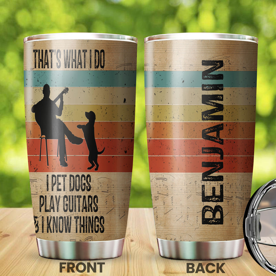 Camellia Personalized 3D Vintage Man Pets Dogs Play Guitar And Know Things Stainless Steel Tumbler - Customized Double-Walled Insulation Thermal Cup With Lid Gift For Guitarist