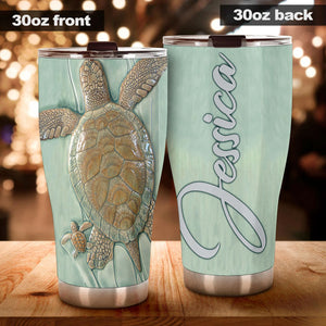 Camellia Personalized Turtle Mom And Baby Ceramic Style Stainless Steel Tumbler- Wall Insulated Cup With Lid Travel Mug