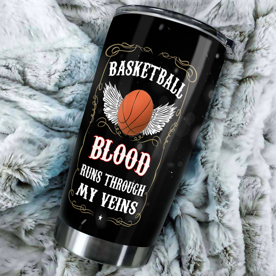 Camellia Persionalized 3D Basketball Blood Runs Through My Veins Stainless Steel Tumbler - Customized Double - Walled Insulation Travel Thermal Cup With Lid Gift For Basketball Player