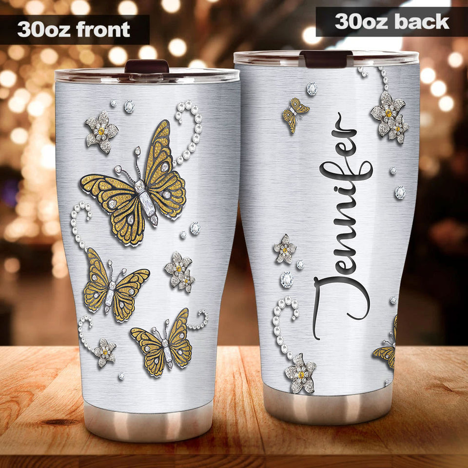 Camellia Personalized Butterfly Jewelry Metal Style Yellow Stainless Steel Tumbler - Double-Walled Insulation Vacumm Flask - For Thanksgiving, Memorial Day, Christians, Christmas Gift