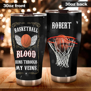 Camellia Persionalized 3D Basketball Blood Runs Through My Veins Stainless Steel Tumbler - Customized Double - Walled Insulation Travel Thermal Cup With Lid Gift For Basketball Player