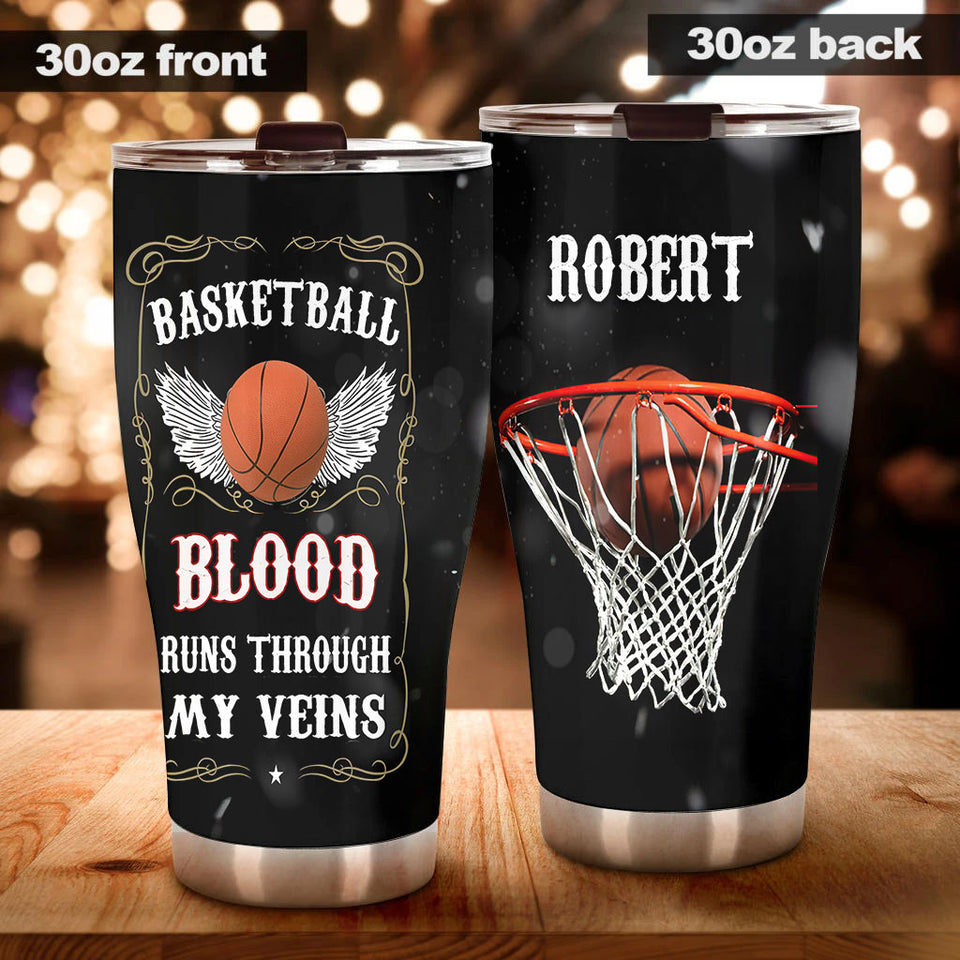 Camellia Persionalized 3D Basketball Blood Runs Through My Veins Stainless Steel Tumbler - Customized Double - Walled Insulation Travel Thermal Cup With Lid Gift For Basketball Player