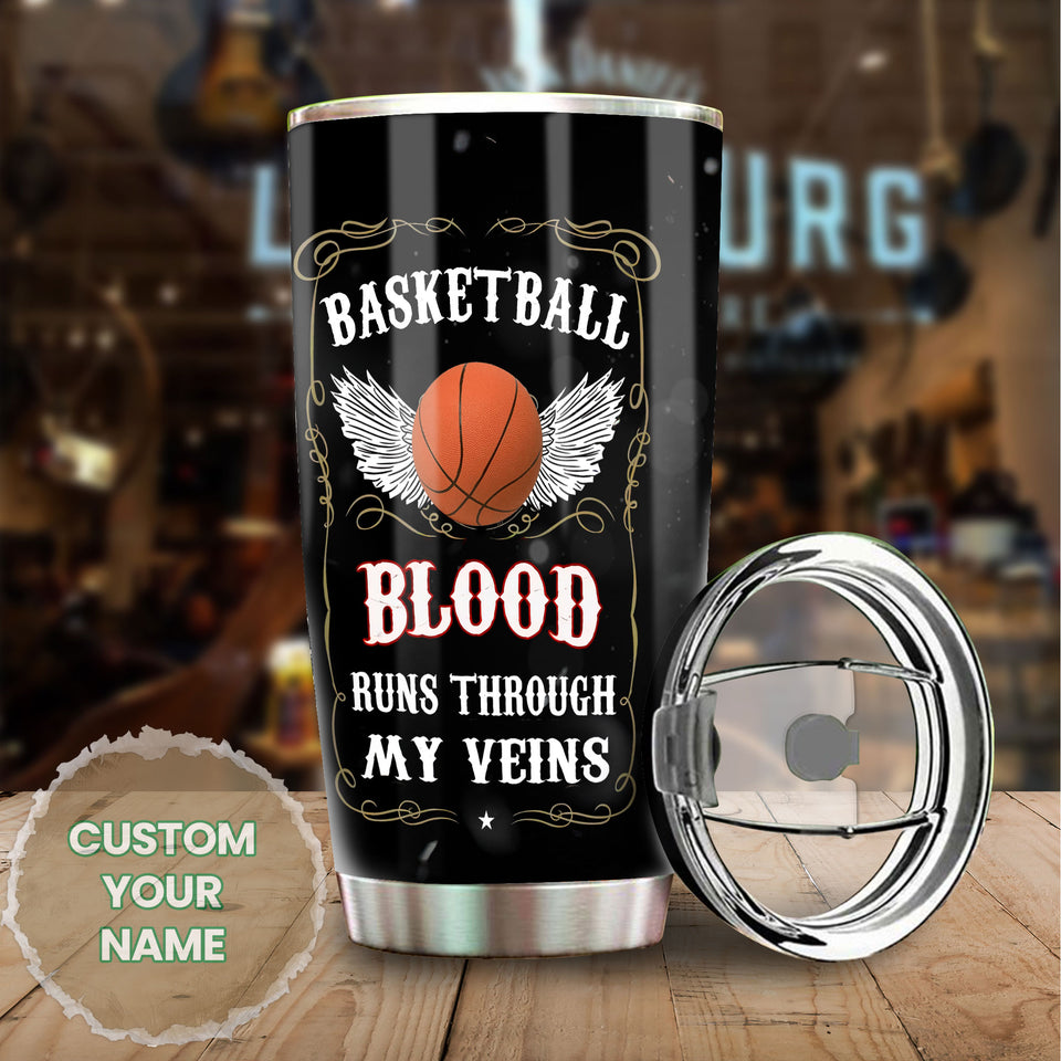 Camellia Persionalized 3D Basketball Blood Runs Through My Veins Stainless Steel Tumbler - Customized Double - Walled Insulation Travel Thermal Cup With Lid Gift For Basketball Player
