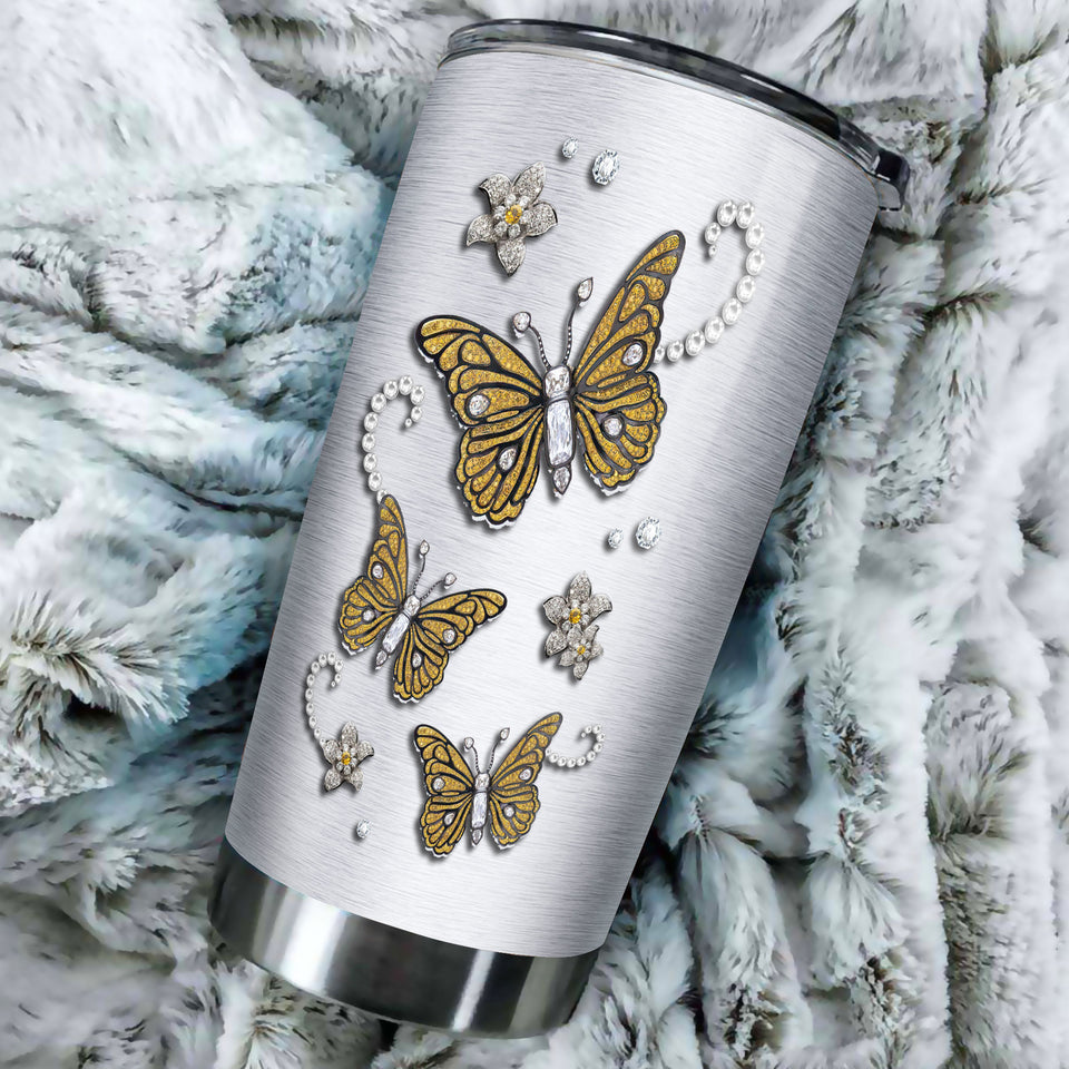Camellia Personalized Butterfly Jewelry Metal Style Yellow Stainless Steel Tumbler - Double-Walled Insulation Vacumm Flask - For Thanksgiving, Memorial Day, Christians, Christmas Gift