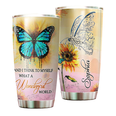 Camellia Personalized Butterfly And I Think To Myself What A Wonderful World Stainless Steel Tumbler - Double-Walled Insulation Vacumm Flask - For Thanksgiving, Memorial Day, Christmas Gift