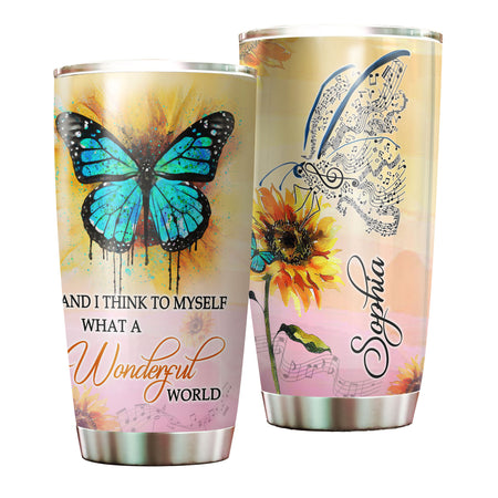 Camellia Personalized Butterfly And I Think To Myself What A Wonderful World Stainless Steel Tumbler - Double-Walled Insulation Vacumm Flask - For Thanksgiving, Memorial Day, Christmas Gift