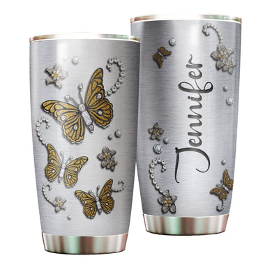 Camellia Personalized Butterfly Jewelry Metal Style Yellow Stainless Steel Tumbler - Double-Walled Insulation Vacumm Flask - For Thanksgiving, Memorial Day, Christians, Christmas Gift