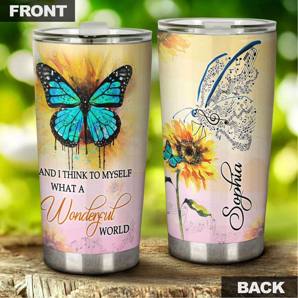 Camellia Personalized Butterfly And I Think To Myself What A Wonderful World Stainless Steel Tumbler - Double-Walled Insulation Vacumm Flask - For Thanksgiving, Memorial Day, Christmas Gift