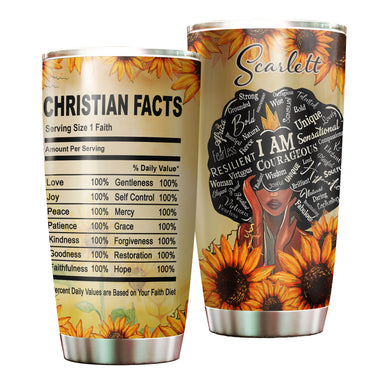 Camellia Personalized Christian Facts Stainless Steel Tumbler - Customized Double-Walled Insulation Travel Thermal Cup With Lid Gift For Christian Black Queen