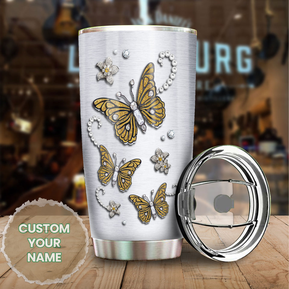 Camellia Personalized Butterfly Jewelry Metal Style Yellow Stainless Steel Tumbler - Double-Walled Insulation Vacumm Flask - For Thanksgiving, Memorial Day, Christians, Christmas Gift