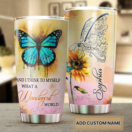 Camellia Personalized Butterfly And I Think To Myself What A Wonderful World Stainless Steel Tumbler - Double-Walled Insulation Vacumm Flask - For Thanksgiving, Memorial Day, Christmas Gift