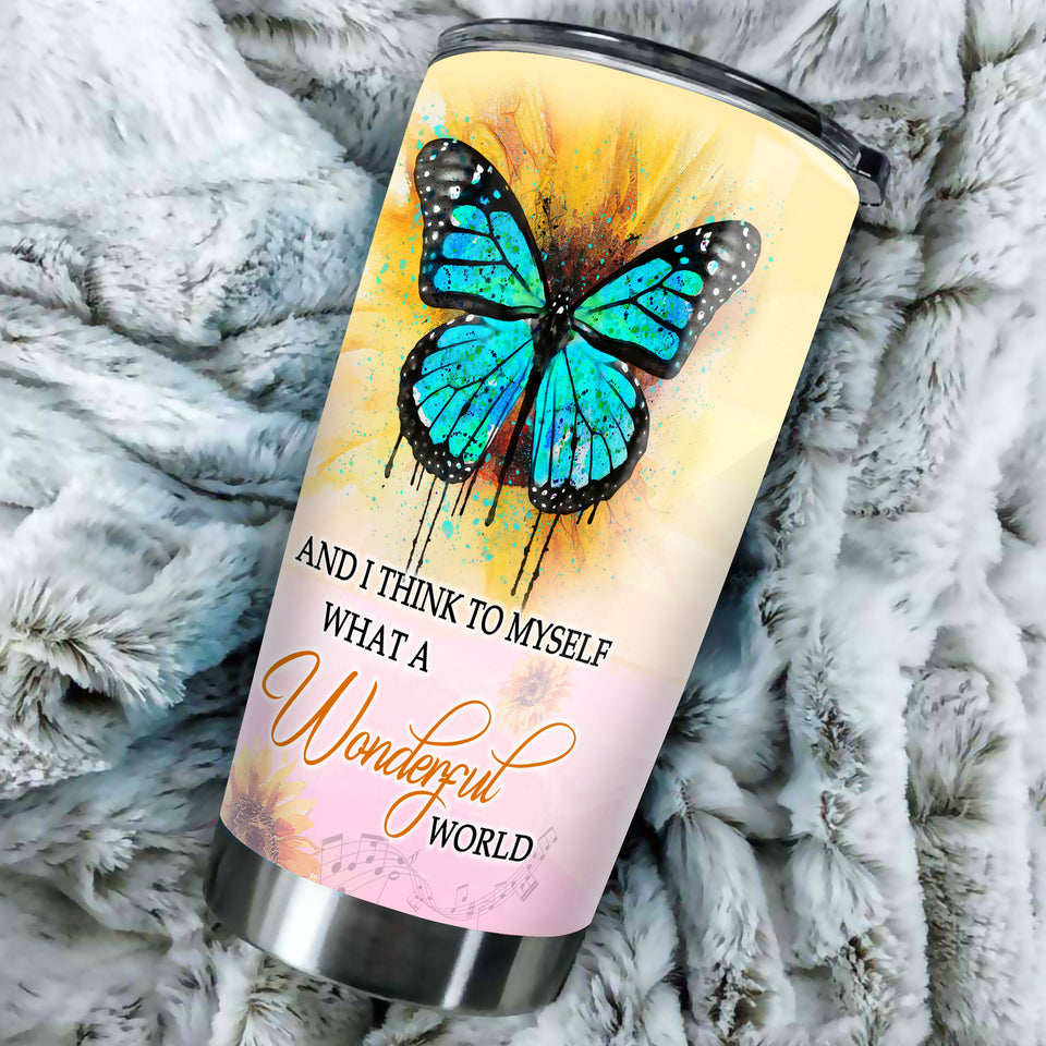 Camellia Personalized Butterfly And I Think To Myself What A Wonderful World Stainless Steel Tumbler - Double-Walled Insulation Vacumm Flask - For Thanksgiving, Memorial Day, Christmas Gift
