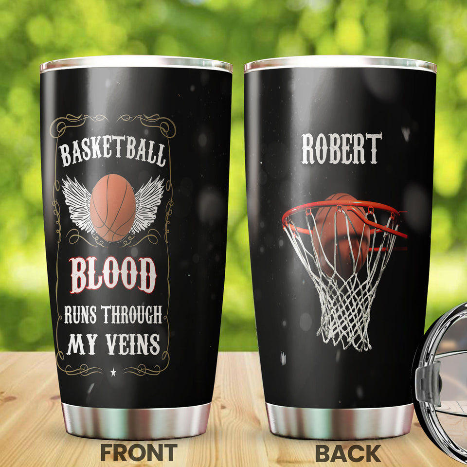 Camellia Persionalized 3D Basketball Blood Runs Through My Veins Stainless Steel Tumbler - Customized Double - Walled Insulation Travel Thermal Cup With Lid Gift For Basketball Player
