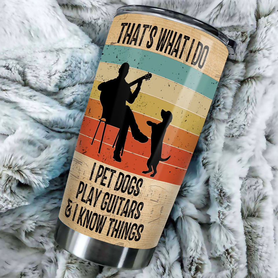 Camellia Personalized 3D Vintage Man Pets Dogs Play Guitar And Know Things Stainless Steel Tumbler - Customized Double-Walled Insulation Thermal Cup With Lid Gift For Guitarist