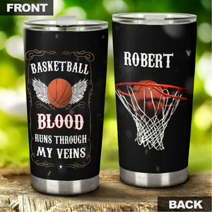 Camellia Persionalized 3D Basketball Blood Runs Through My Veins Stainless Steel Tumbler - Customized Double - Walled Insulation Travel Thermal Cup With Lid Gift For Basketball Player