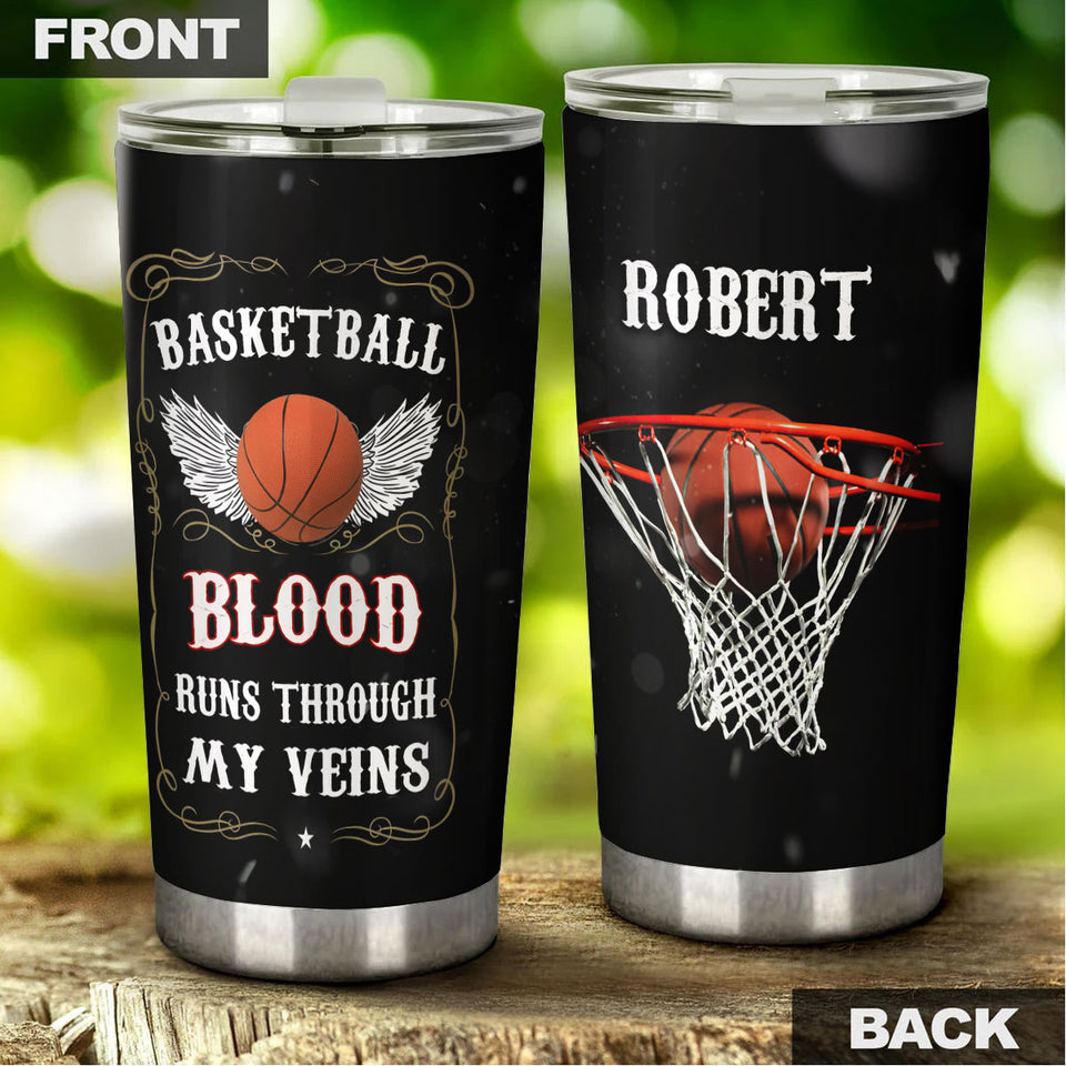 Camellia Persionalized 3D Basketball Blood Runs Through My Veins Stainless Steel Tumbler - Customized Double - Walled Insulation Travel Thermal Cup With Lid Gift For Basketball Player