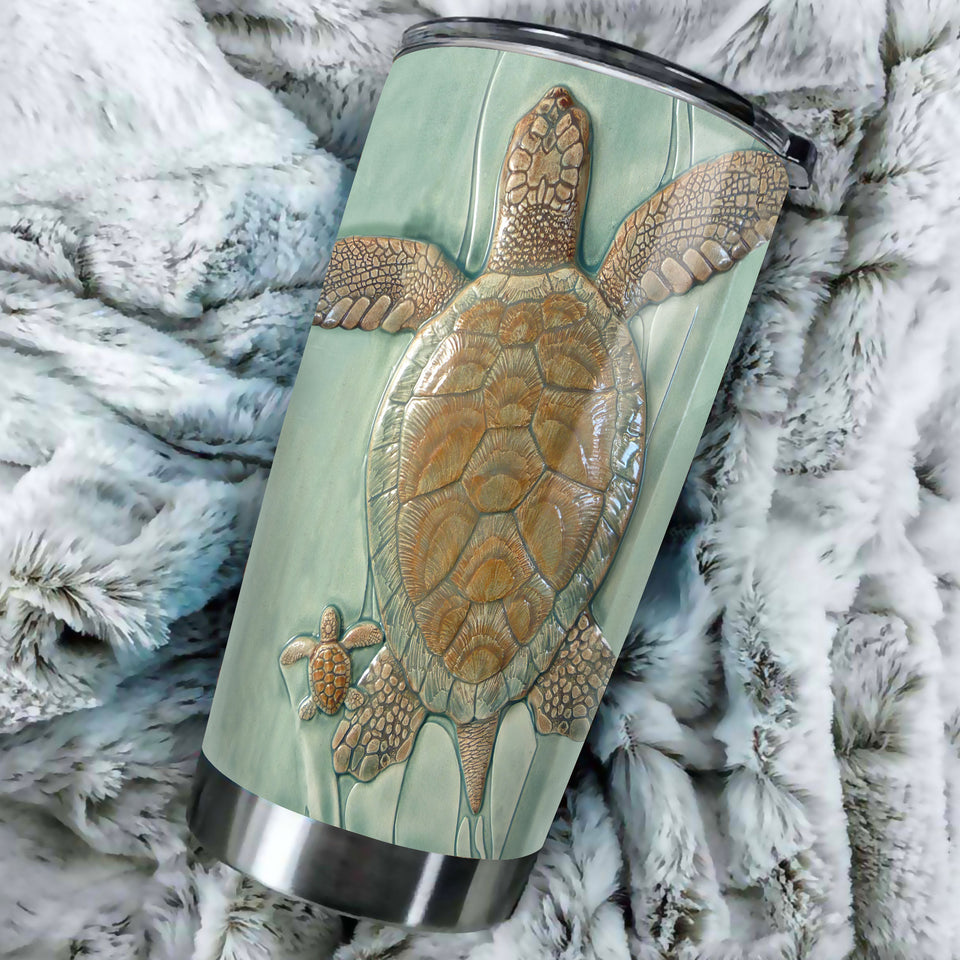 Camellia Personalized Turtle Mom And Baby Ceramic Style Stainless Steel Tumbler- Wall Insulated Cup With Lid Travel Mug