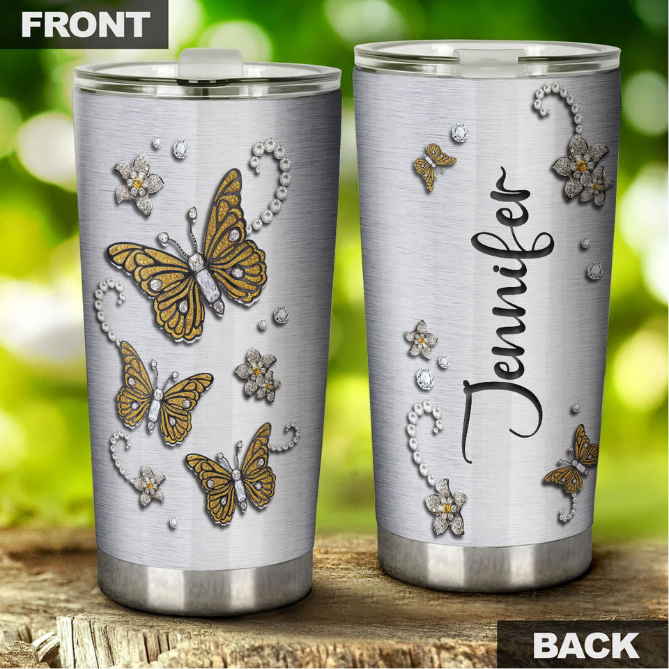 Camellia Personalized Butterfly Jewelry Metal Style Yellow Stainless Steel Tumbler - Double-Walled Insulation Vacumm Flask - For Thanksgiving, Memorial Day, Christians, Christmas Gift