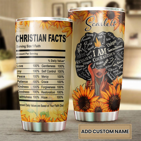 Camellia Personalized Christian Facts Stainless Steel Tumbler - Customized Double-Walled Insulation Travel Thermal Cup With Lid Gift For Christian Black Queen