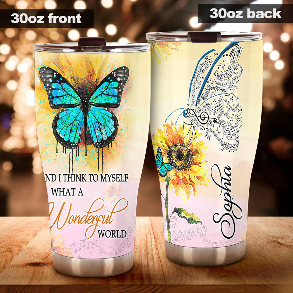 Camellia Personalized Butterfly And I Think To Myself What A Wonderful World Stainless Steel Tumbler - Double-Walled Insulation Vacumm Flask - For Thanksgiving, Memorial Day, Christmas Gift