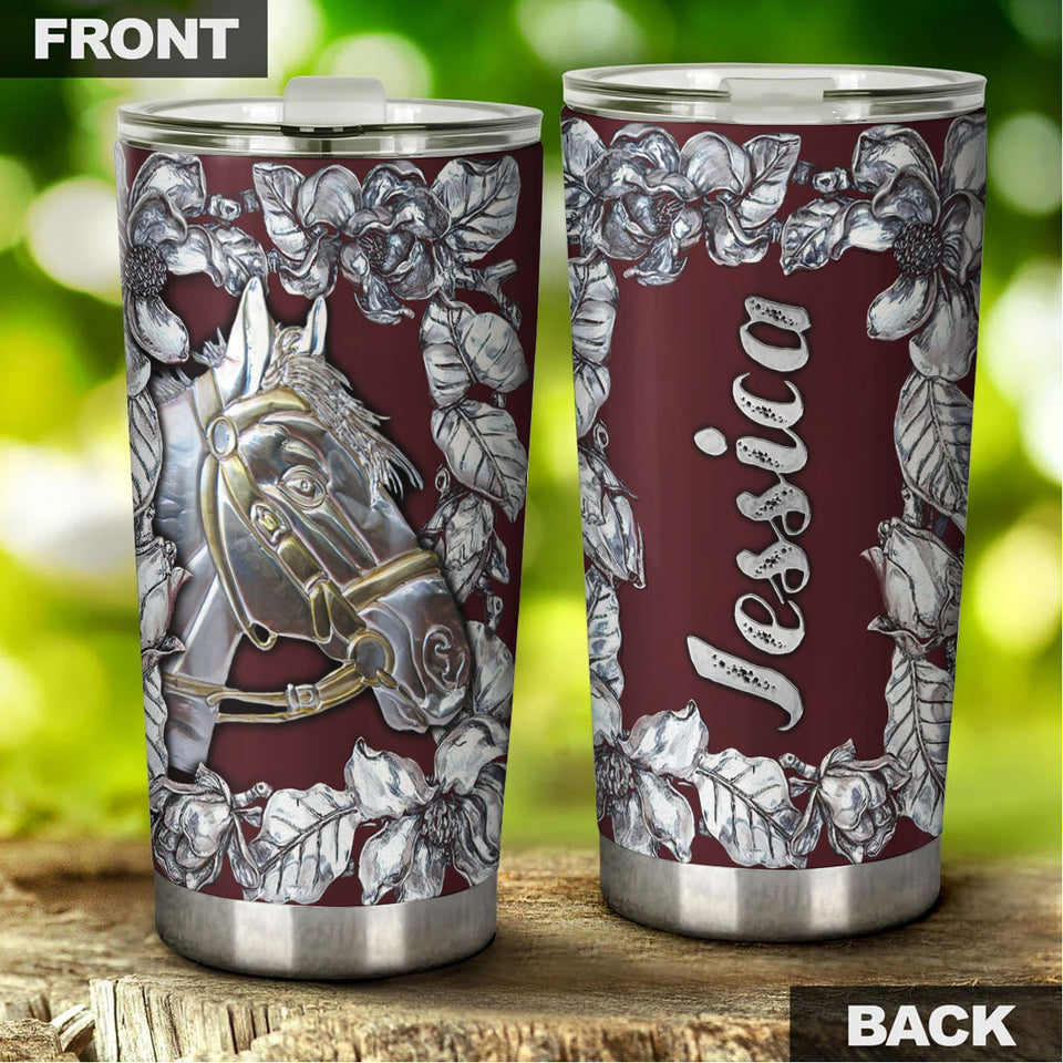 Camellia Personalized Horse Silver Style Stainless Steel Tumbler - Double-Walled Insulation Vacumm Flask - Gift For Horse Lovers, Cowgirls, Cowboys, Perfect Christmas, Thanksgiving Gift